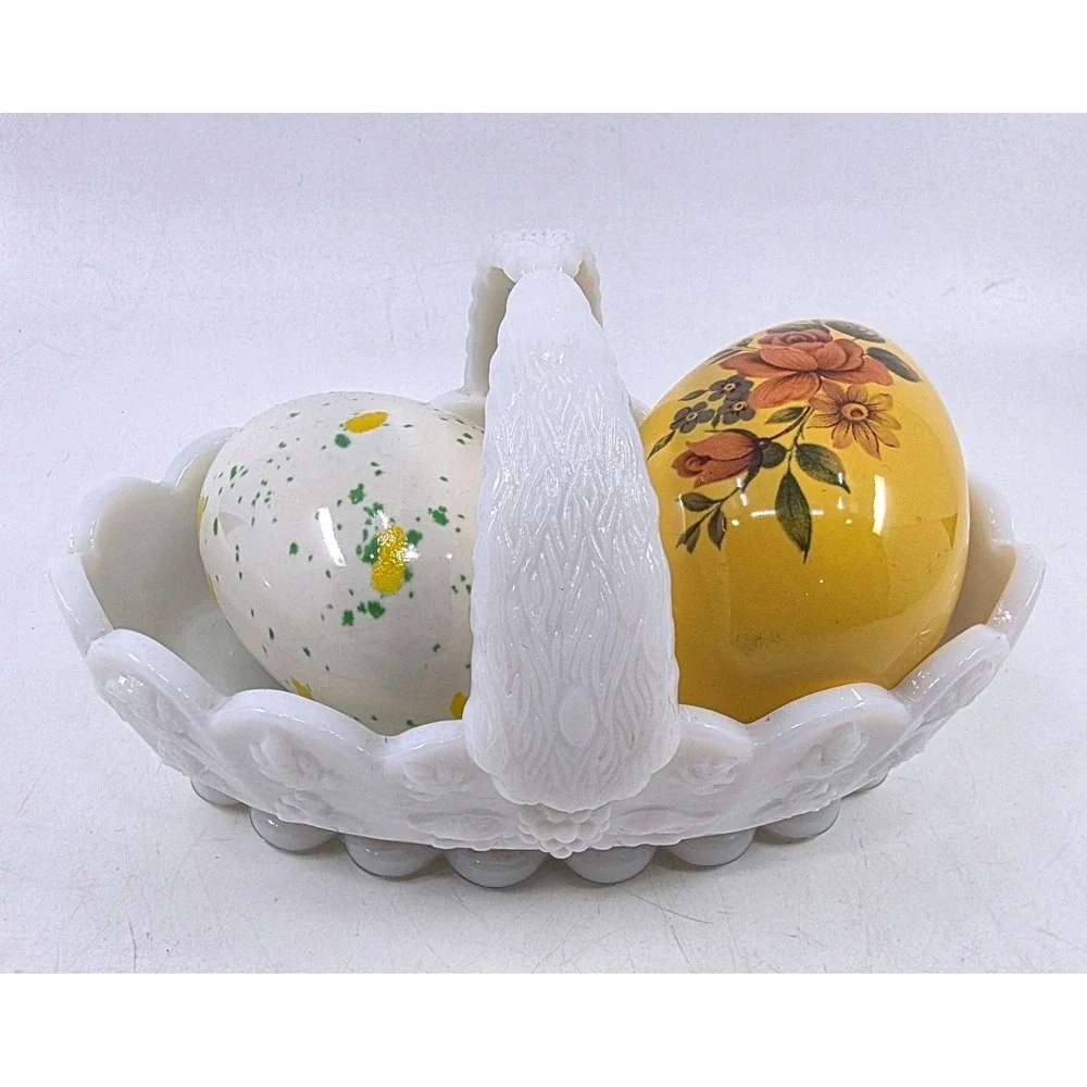 Vintage Milk Glass Grape Basket with 2 Ceramic Easter Eggs Floral Speckled Decor